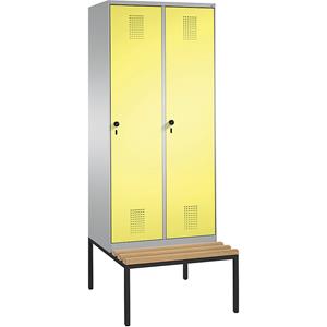 C+P EVOLO Garderobenschrank, mit Sitzbank, 2 Abteile, Abteilbreite 400 mm, weißaluminium / schwefelgelb