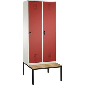C+P EVOLO Garderobenschrank, mit Sitzbank, 2 Abteile, Abteilbreite 400 mm, reinweiß / feuerrot