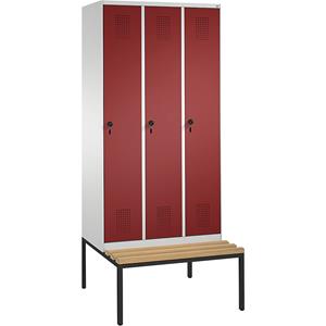 C+P EVOLO Garderobenschrank, mit Sitzbank, 3 Abteile, Abteilbreite 300 mm, lichtgrau / rubinrot