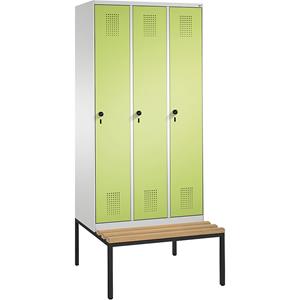 C+P EVOLO Garderobenschrank, mit Sitzbank, 3 Abteile, Abteilbreite 300 mm, lichtgrau / viridingrün