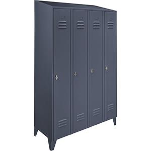 Wolf Stalen kast met schuin dak, afdelingen kasthoog, totale breedte 1200 mm, 4 afdelingen, blauwgrijs RAL 7031