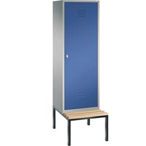 C+P CLASSIC Garderobenschrank mit untergebauter Sitzbank, Tür über 2 Abteile, 2 Abteile, Abteilbreite 300 mm, weißaluminium / enzianblau