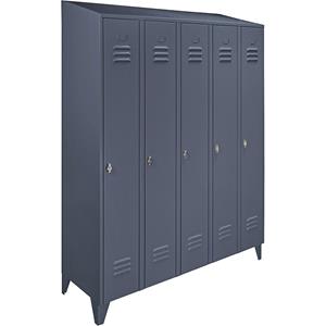 Wolf Stalen kast met schuin dak, afdelingen kasthoog, totale breedte 1500 mm, 5 afdelingen, blauwgrijs RAL 7031
