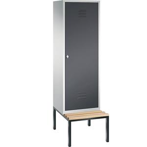 C+P CLASSIC Garderobenschrank mit untergebauter Sitzbank, Tür über 2 Abteile, 2 Abteile, Abteilbreite 300 mm, lichtgrau / schwarzgrau