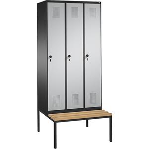 C+P EVOLO Garderobenschrank, mit Sitzbank, 3 Abteile, Abteilbreite 300 mm, schwarzgrau / weißaluminium