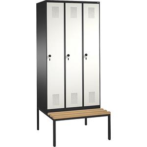 C+P EVOLO Garderobenschrank, mit Sitzbank, 3 Abteile, Abteilbreite 300 mm, schwarzgrau / reinweiß