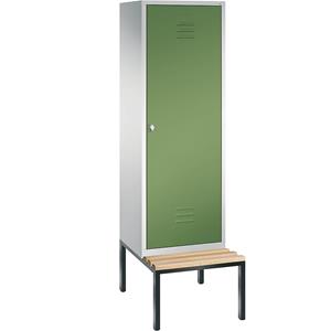 C+P CLASSIC Garderobenschrank mit untergebauter Sitzbank, Tür über 2 Abteile, 2 Abteile, Abteilbreite 300 mm, lichtgrau / resedagrün