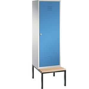 C+P CLASSIC Garderobenschrank mit untergebauter Sitzbank, Tür über 2 Abteile, 2 Abteile, Abteilbreite 300 mm, lichtgrau / lichtblau