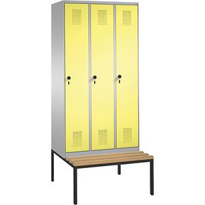 C+P EVOLO Garderobenschrank, mit Sitzbank, 3 Abteile, Abteilbreite 300 mm, weißaluminium / schwefelgelb