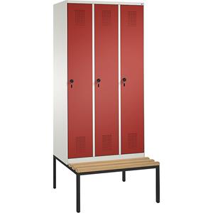 C+P EVOLO Garderobenschrank, mit Sitzbank, 3 Abteile, Abteilbreite 300 mm, reinweiß / feuerrot