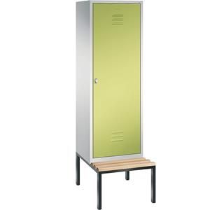 C+P CLASSIC Garderobenschrank mit untergebauter Sitzbank, Tür über 2 Abteile, 2 Abteile, Abteilbreite 300 mm, lichtgrau / viridingrün