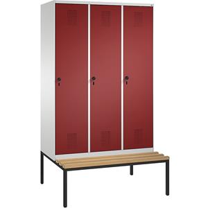 C+P EVOLO Garderobenschrank, mit Sitzbank, 3 Abteile, Abteilbreite 400 mm, lichtgrau / rubinrot