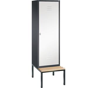 C+P CLASSIC Garderobenschrank mit untergebauter Sitzbank, Tür über 2 Abteile, 2 Abteile, Abteilbreite 300 mm, schwarzgrau / verkehrsweiß