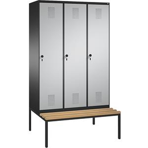 C+P EVOLO Garderobenschrank, mit Sitzbank, 3 Abteile, Abteilbreite 400 mm, schwarzgrau / weißaluminium