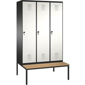 C+P EVOLO Garderobenschrank, mit Sitzbank, 3 Abteile, Abteilbreite 400 mm, schwarzgrau / reinweiß