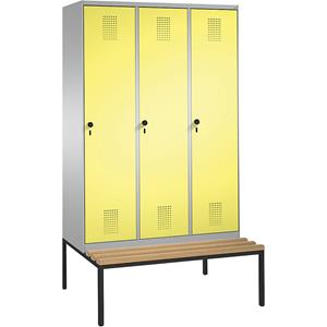 C+P EVOLO Garderobenschrank, mit Sitzbank, 3 Abteile, Abteilbreite 400 mm, weißaluminium / schwefelgelb