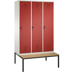 C+P EVOLO Garderobenschrank, mit Sitzbank, 3 Abteile, Abteilbreite 400 mm, reinweiß / feuerrot