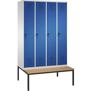 C+P EVOLO Garderobenschrank, mit Sitzbank, 4 Abteile, Abteilbreite 300 mm, lichtgrau / enzianblau