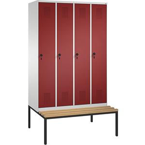 C+P EVOLO Garderobenschrank, mit Sitzbank, 4 Abteile, Abteilbreite 300 mm, lichtgrau / rubinrot