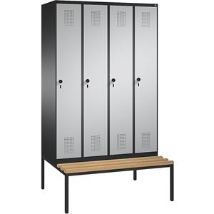 C+P EVOLO Garderobenschrank, mit Sitzbank, 4 Abteile, Abteilbreite 300 mm, schwarzgrau / weißaluminium