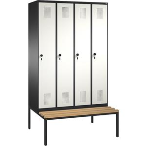 C+P EVOLO Garderobenschrank, mit Sitzbank, 4 Abteile, Abteilbreite 300 mm, schwarzgrau / reinweiß