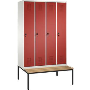 C+P EVOLO Garderobenschrank, mit Sitzbank, 4 Abteile, Abteilbreite 300 mm, reinweiß / feuerrot