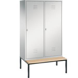 C+P CLASSIC Garderobenschrank mit untergebauter Sitzbank, Tür über 2 Abteile, 4 Abteile, Abteilbreite 300 mm, lichtgrau