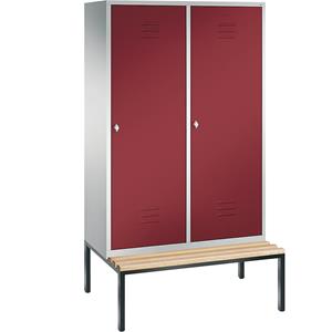 C+P CLASSIC Garderobenschrank mit untergebauter Sitzbank, Tür über 2 Abteile, 4 Abteile, Abteilbreite 300 mm, lichtgrau / rubinrot