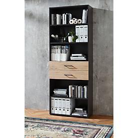 Home Office combinatie schappenkast TEMPIO, van hout, 2 laden, 6 OH, B 800 x D 330 x H 2130 mm, antraciet/ eiken hickory