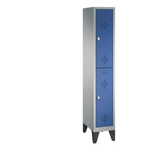 C+P CLASSIC Garderobenschrank mit Füßen, doppelstöckig, 1 Abteil, je 2 Fächer, Abteilbreite 300 mm, weißaluminium / enzianblau