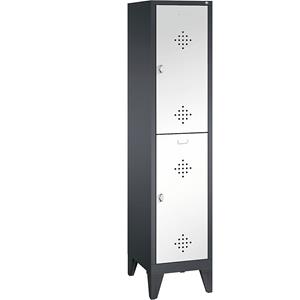 C+P CLASSIC Garderobenschrank mit Füßen, doppelstöckig, 1 Abteil, je 2 Fächer, Abteilbreite 400 mm, schwarzgrau / verkehrsweiß