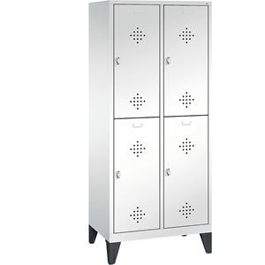 C+P CLASSIC Garderobenschrank mit Füßen, doppelstöckig, 2 Abteile, je 2 Fächer, Abteilbreite 400 mm, verkehrsweiß