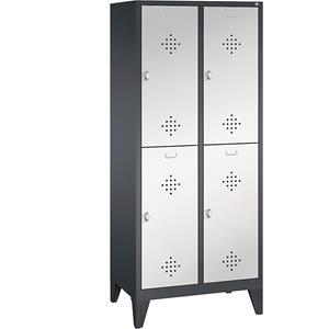 C+P CLASSIC Garderobenschrank mit Füßen, doppelstöckig, 2 Abteile, je 2 Fächer, Abteilbreite 400 mm, schwarzgrau / lichtgrau