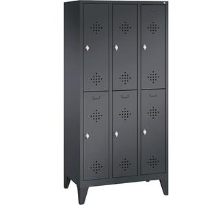 C+P CLASSIC Garderobenschrank mit Füßen, doppelstöckig, 3 Abteile, je 2 Fächer, Abteilbreite 300 mm, schwarzgrau