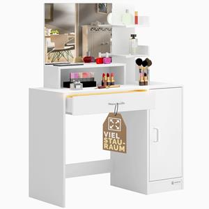 casaria Schminktisch Jocelyn mit LED-Beleuchtung Spiegel Schublade 3 Ablagen Make-up Schlafzimmer Kosmetiktisch Frisiertisch Schminkkommode Holz Weiß