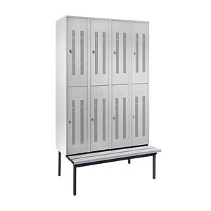 Wolf Halbhoher Garderobenschrank mit Sitzbankuntergestell, 300 mm, 8 Fächer, Lochblech, lichtgrau