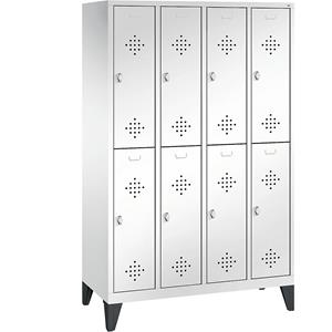 C+P CLASSIC Garderobenschrank mit Füßen, doppelstöckig, 4 Abteile, je 2 Fächer, Abteilbreite 300 mm, verkehrsweiß