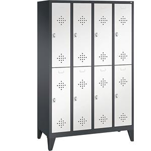 C+P CLASSIC Garderobenschrank mit Füßen, doppelstöckig, 4 Abteile, je 2 Fächer, Abteilbreite 300 mm, schwarzgrau / verkehrsweiß