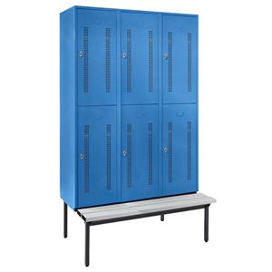 Wolf Halbhoher Garderobenschrank mit Sitzbankuntergestell, 400 mm, 6 Fächer, Lochblech, lichtblau