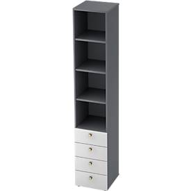 Combinatiekast TOPAS LINE, 6 dossierhoogtes, legborden + 4 laden, grafiet/wit