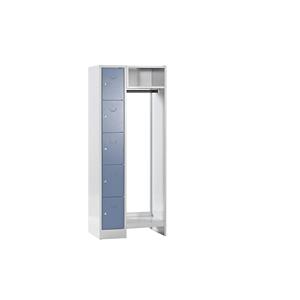 Wolf Privé-vakkenkast systeem, 5 vakken links, 5 kleerhangers, totale breedte 750 mm, vakbreedte 298 mm, duifblauw/lichtgrijs