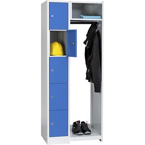 Wolf Schließfachgarderoben-System, 5 Fächer links, 5 Kleiderbügel, Gesamtbreite 750 mm, Fachbreite 298 mm, lichtblau/lichtgrau