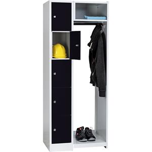 Wolf Privé-vakkenkast systeem, 5 vakken links, 5 kleerhangers, totale breedte 750 mm, vakbreedte 298 mm, gitzwart/lichtgrijs