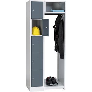 Wolf Schließfachgarderoben-System, 5 Fächer links, 5 Kleiderbügel, Gesamtbreite 750 mm, Fachbreite 298 mm, basaltgrau/lichtgrau
