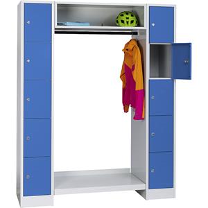 Wolf Privé-vakkenkast systeem, 10 vakken buiten, 10 kleerhangers, totale breedte 1470 mm, vakbreedte 298 mm, lichtblauw/lichtgrijs