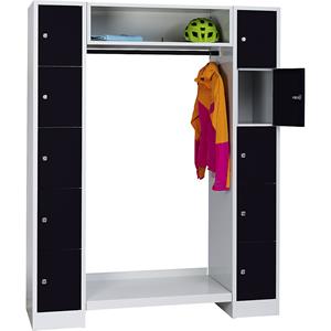 Wolf Privé-vakkenkast systeem, 10 vakken buiten, 10 kleerhangers, totale breedte 1470 mm, vakbreedte 298 mm, gitzwart/lichtgrijs