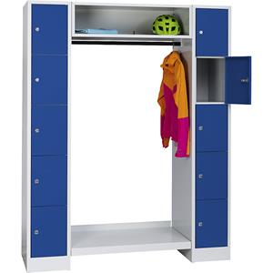 Wolf Schließfachgarderoben-System, 10 Fächer außen, 10 Kleiderbügel, Gesamtbreite 1470 mm, Fachbreite 298 mm, enzianblau/lichtgrau