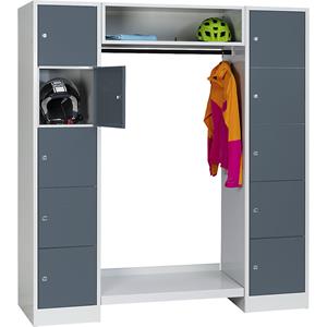 Wolf Privé-vakkenkast systeem, 10 vakken buiten, 10 kleerhangers, totale breedte 1670 mm, vakbreedte 398 mm, basaltgrijs/lichtgrijs