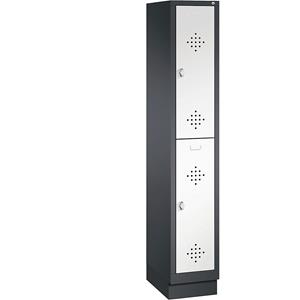 C+P CLASSIC Garderobenschrank mit Sockel, doppelstöckig, 1 Abteil, je 2 Fächer, Abteilbreite 300 mm, schwarzgrau / verkehrsweiß