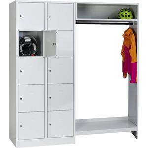 Wolf Privé-vakkenkast systeem, 10 vakken links, 10 kleerhangers, totale breedte 1670 mm, vakbreedte 398 mm, lichtgrijs